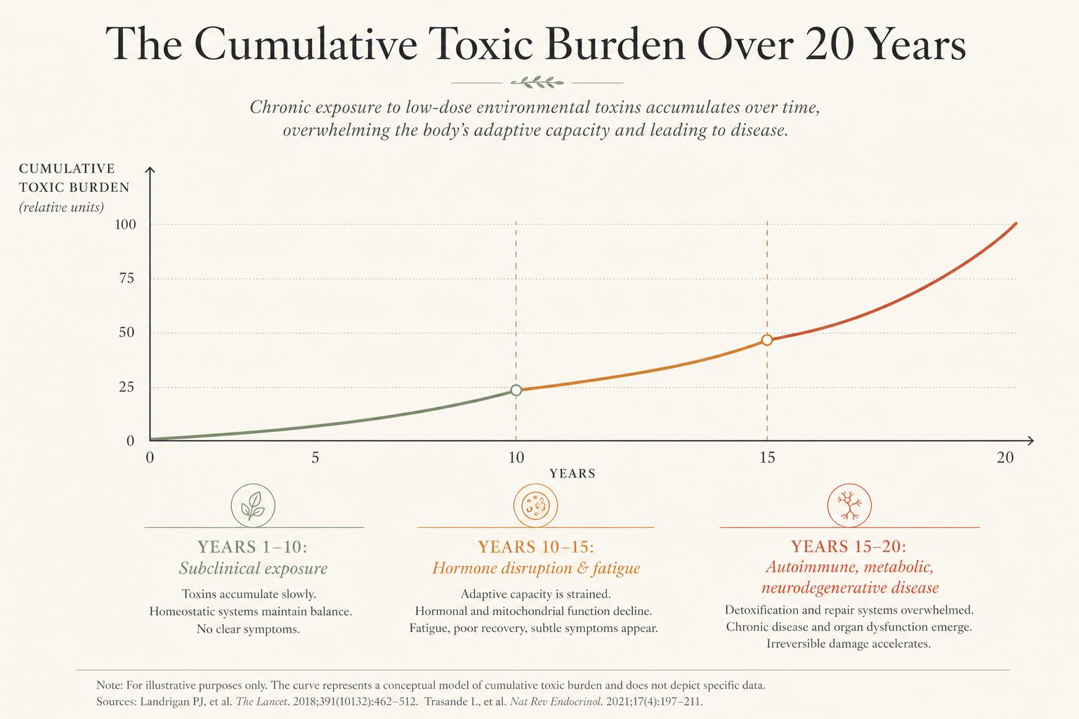 Graph showing cumulative toxic burden rising over twenty years across three phases