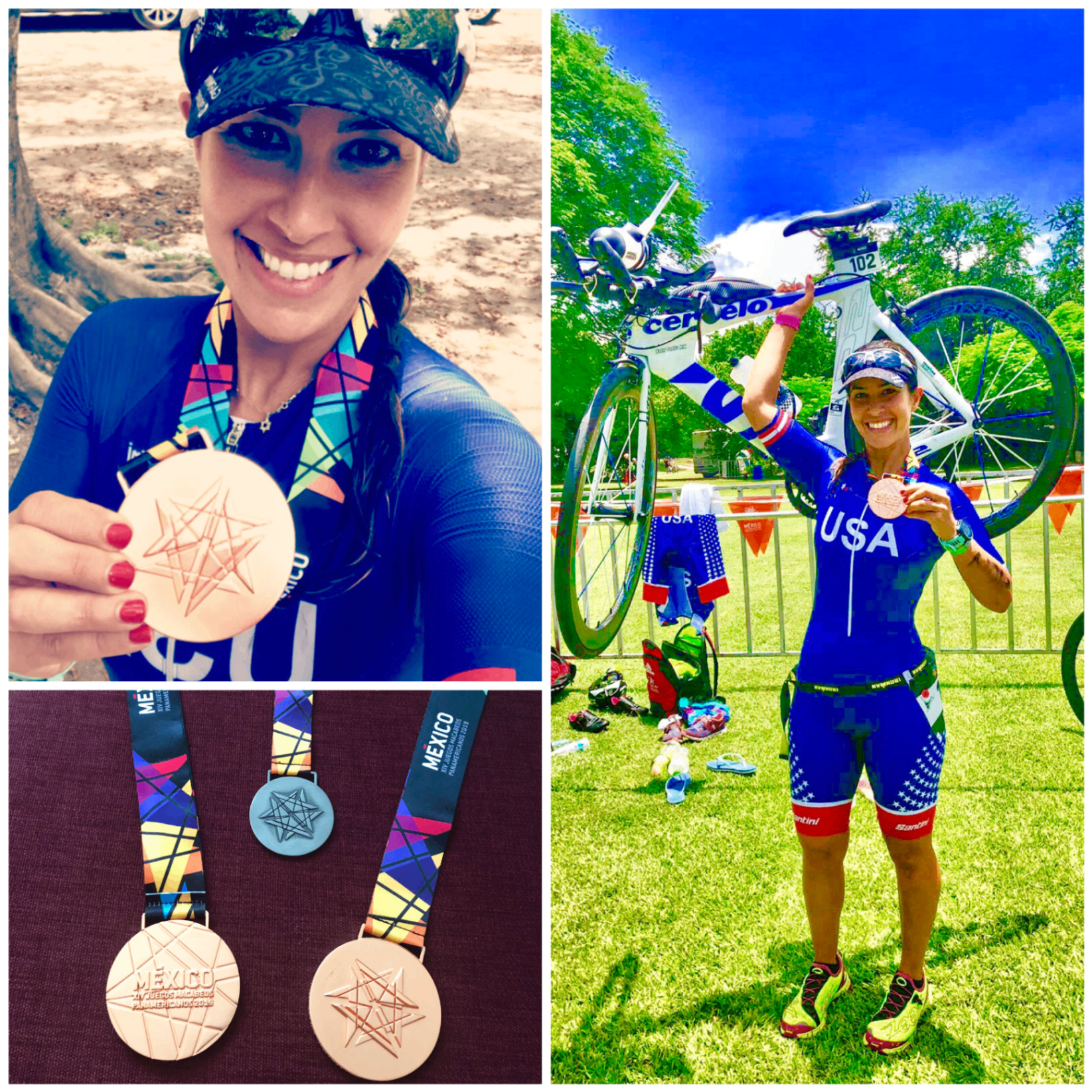 Collage of Dr. Hadar with Pan American Maccabi Games medals and Team USA triathlon kit