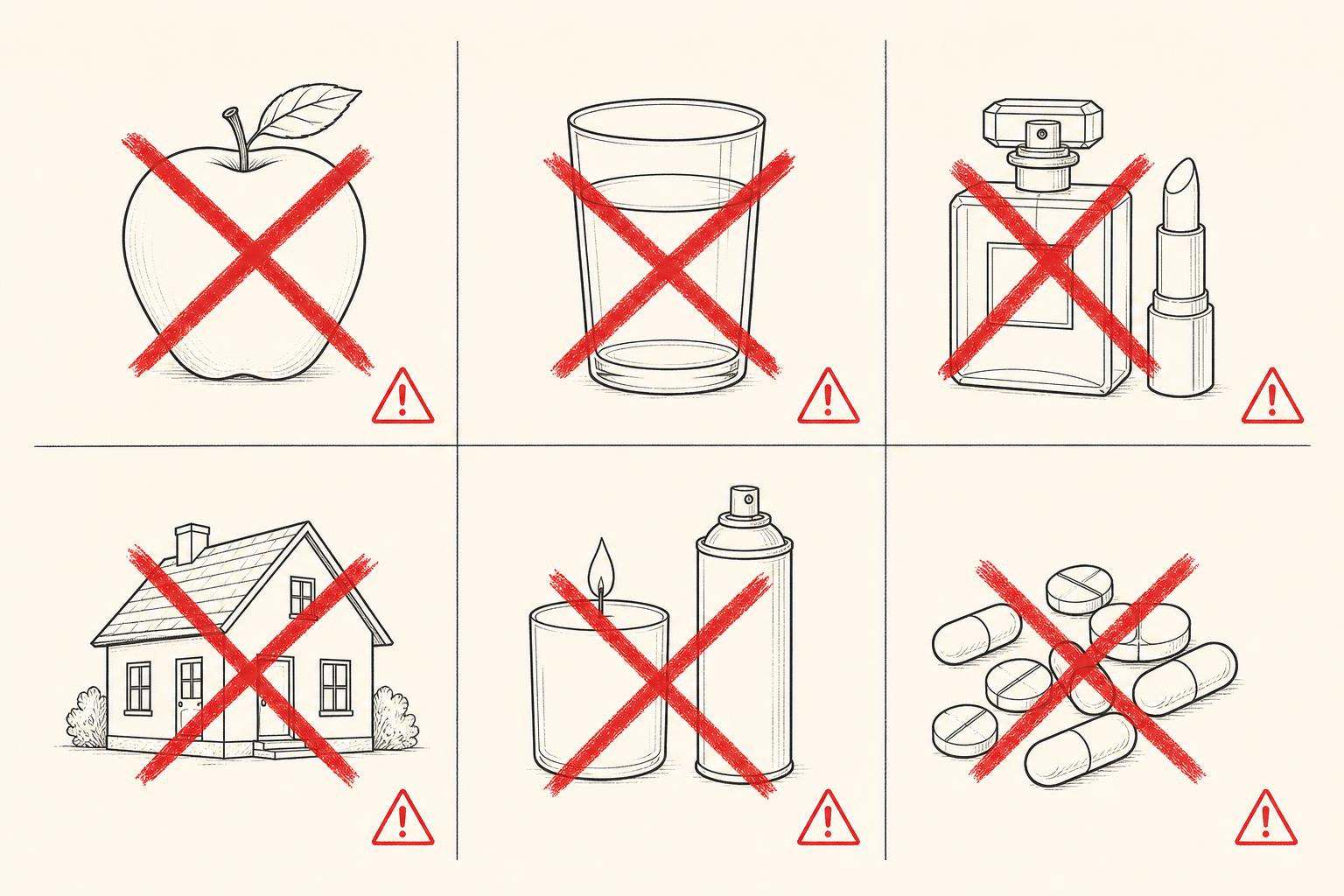 Dark etching-style illustration of six toxic exposure pathways: food, water, personal care, home, indoor air, and pharmaceuticals