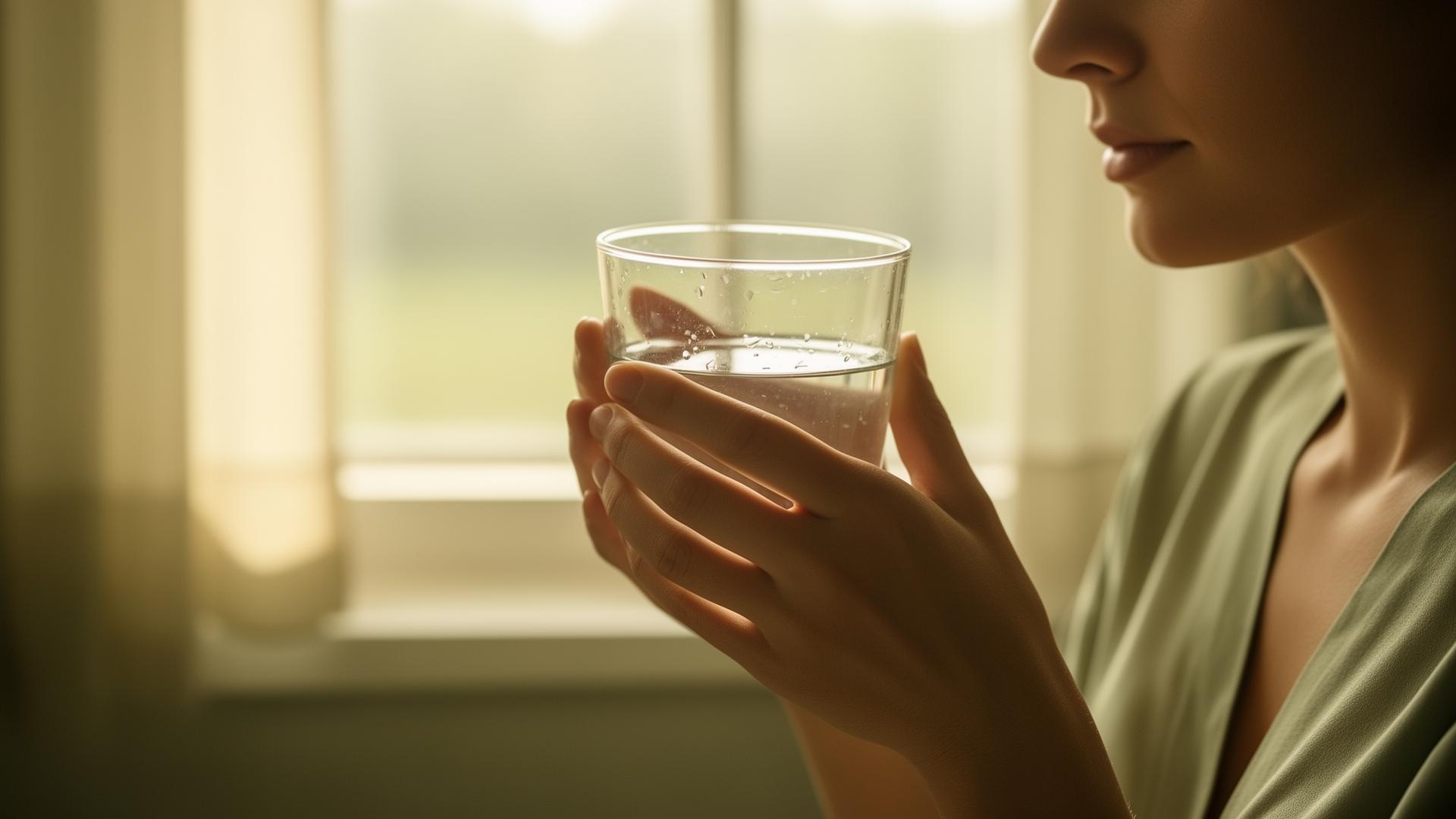 A woman pausing with a glass of water by a sunlit window