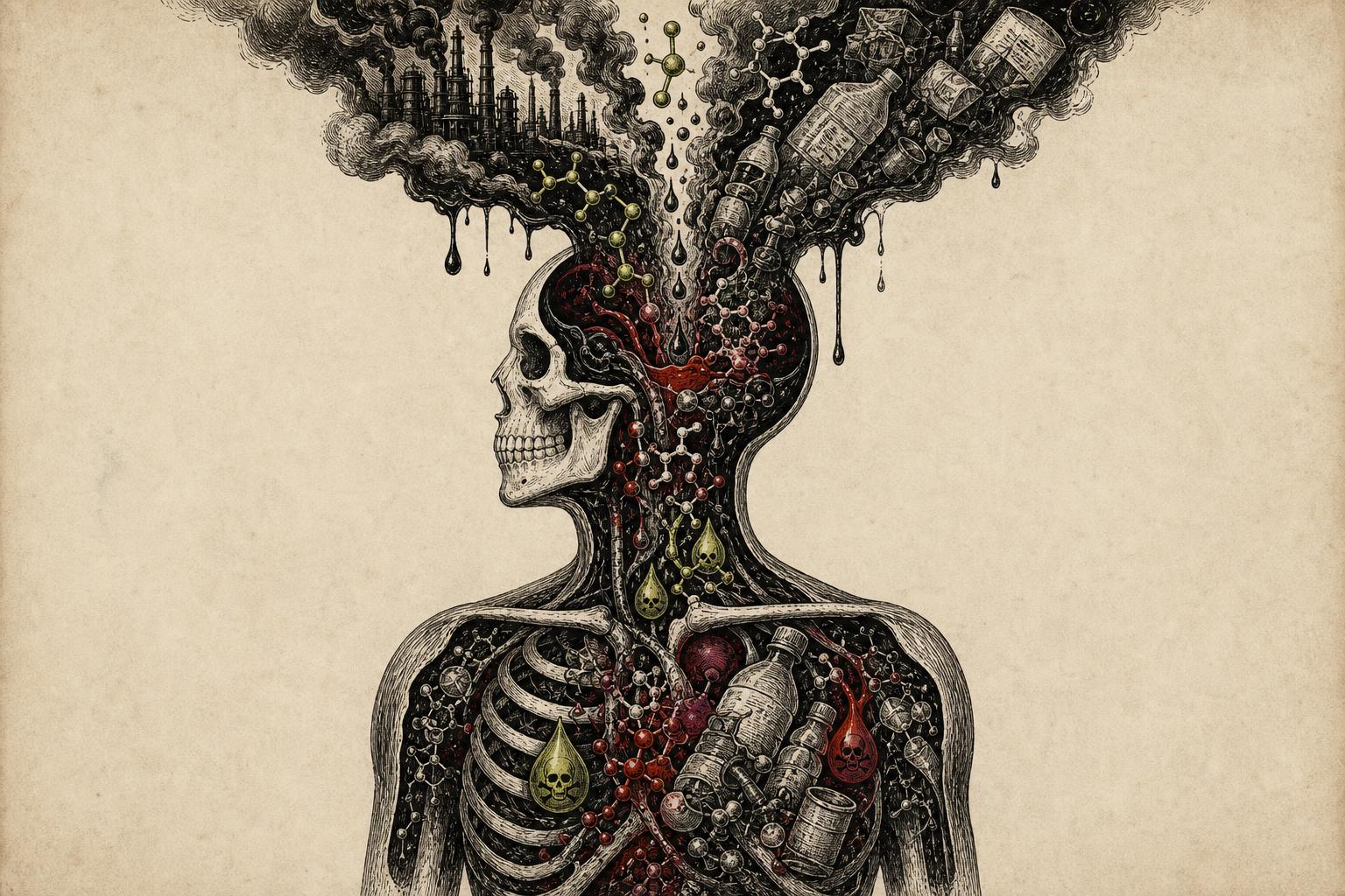 Dark etching-style illustration of a human figure being filled with industrial toxins, chemicals, and pollution
