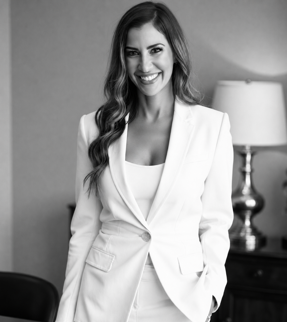 Black and white portrait of Dr. Hadar in a white suit