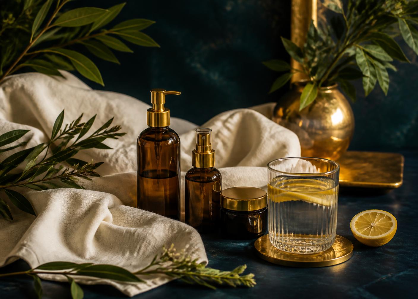 Amber supplement bottles, botanicals and lemon water arranged for a detoxification protocol