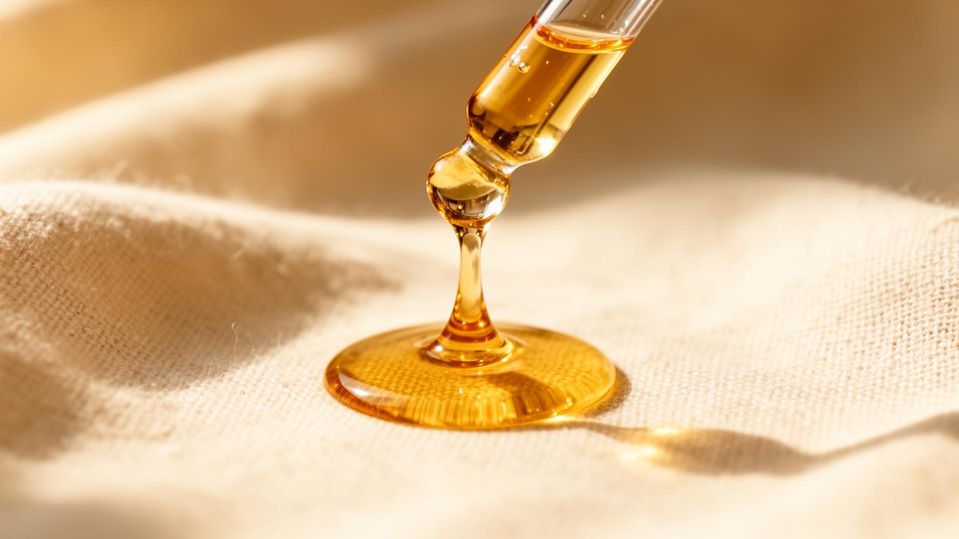Golden drop of Vibrant Glow Oil falling from a glass dropper