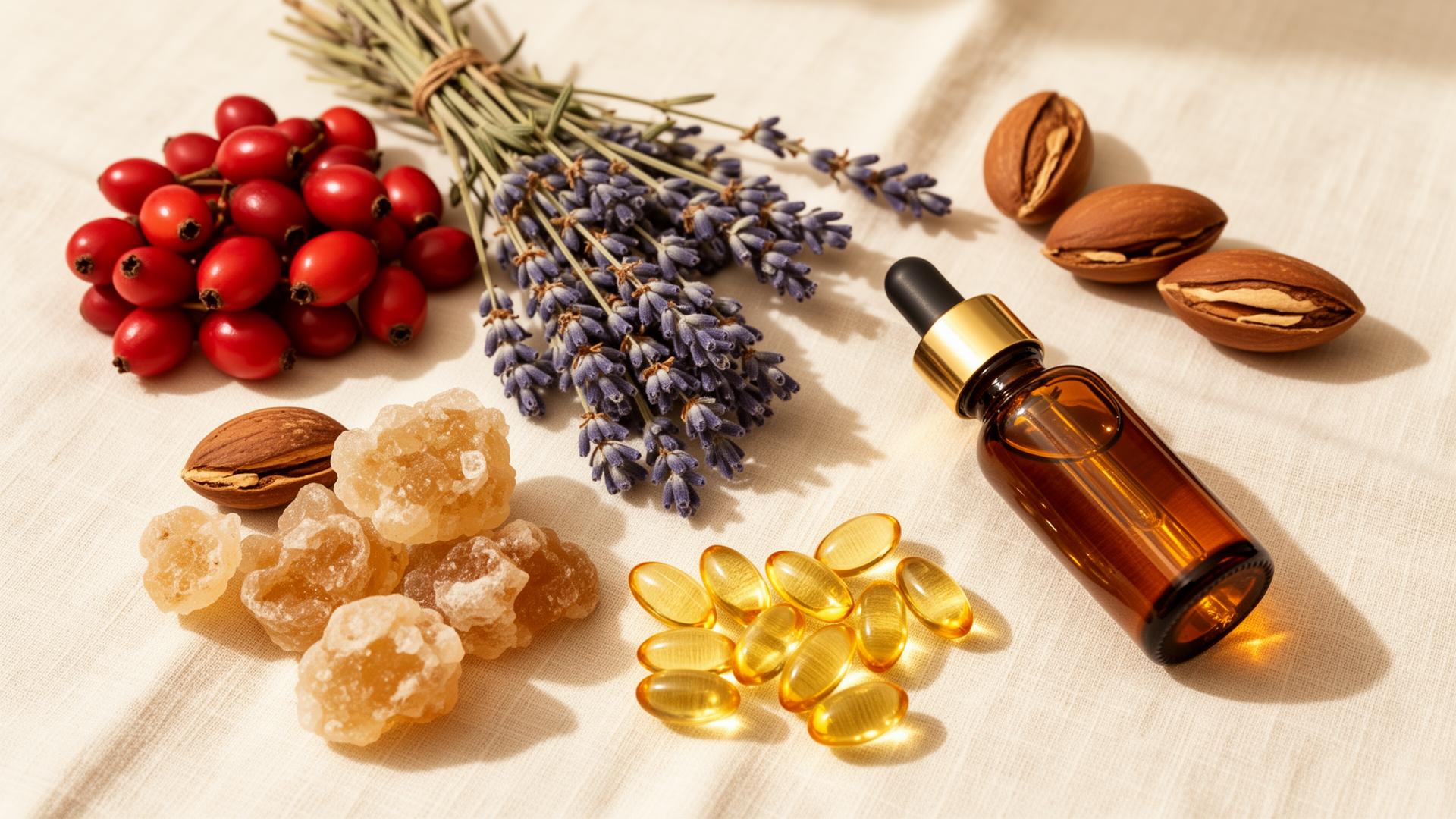 Rosehip, lavender, frankincense, argan, and vitamin E ingredients